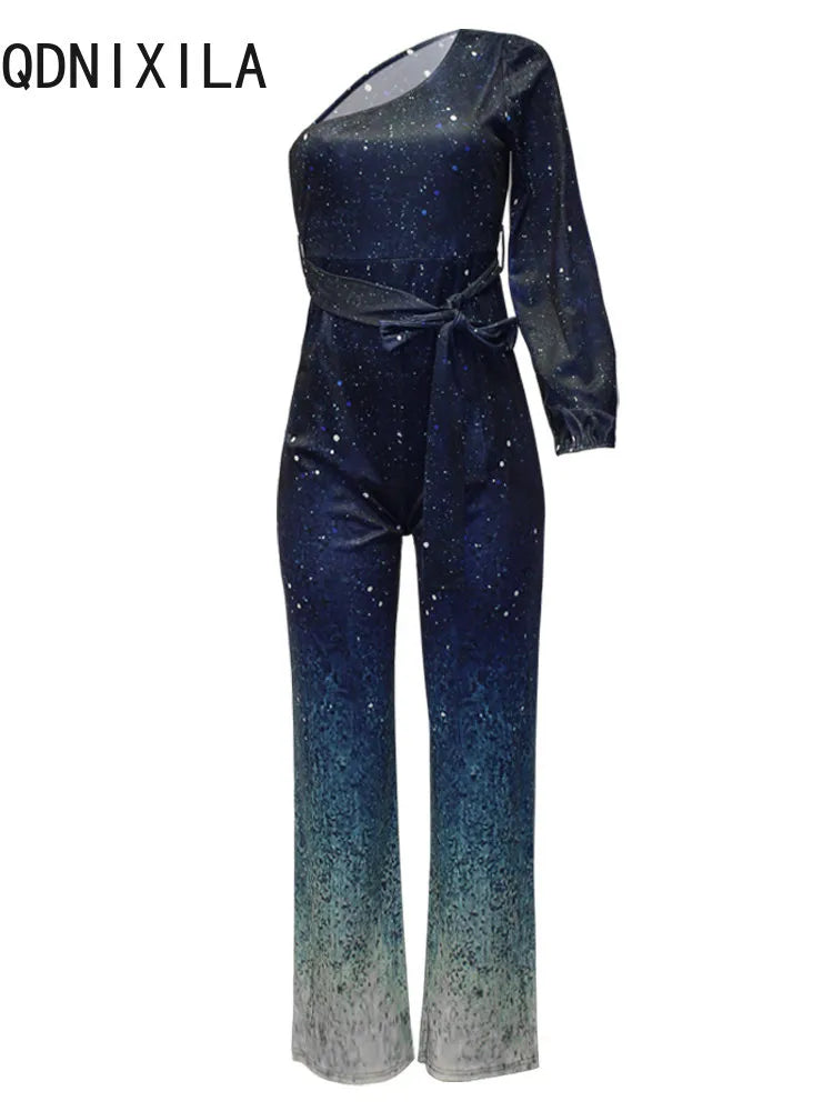 Women Elegant Long Jumpsuits Summer New Gradient Printed Sexy Inclined Collar Women's Jumpsuit Blue High Waisted Wide Leg Pants