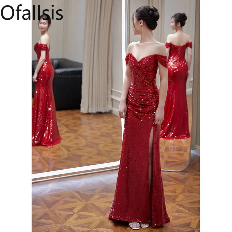 Ofallsis Off The Shoulder Toast Bridal Wine Red Wedding Dress 2023 Aummer Sexy Vintage Luxury Slim Engagement Fishtail Dresses