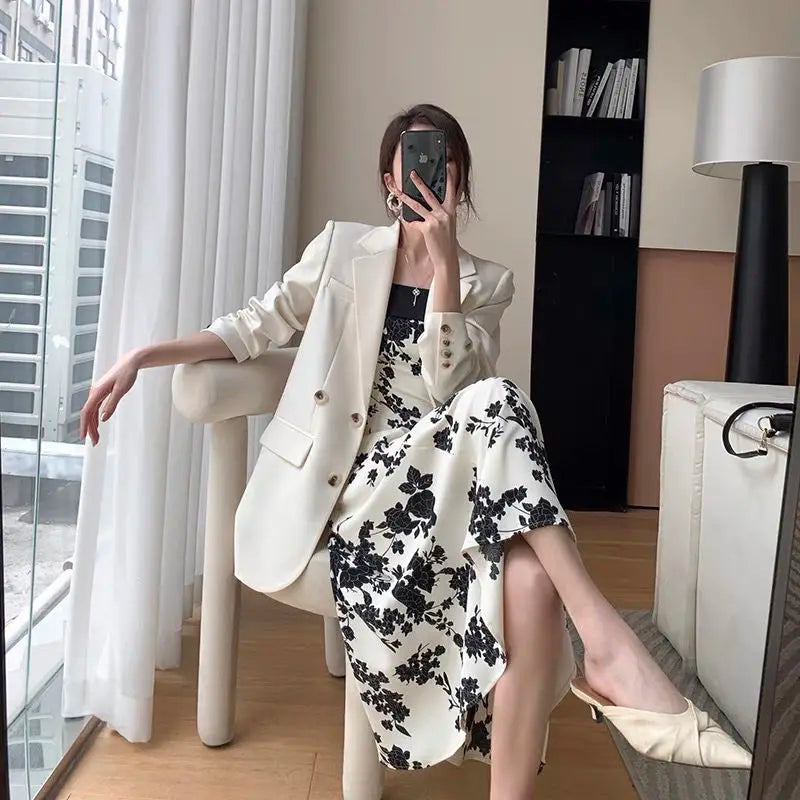 Summer Party Elegant Fashion Spaghetti Strap Dress For Women Slim High Waist Floral Print Prom Party Midi Dresses Robe Vestidos