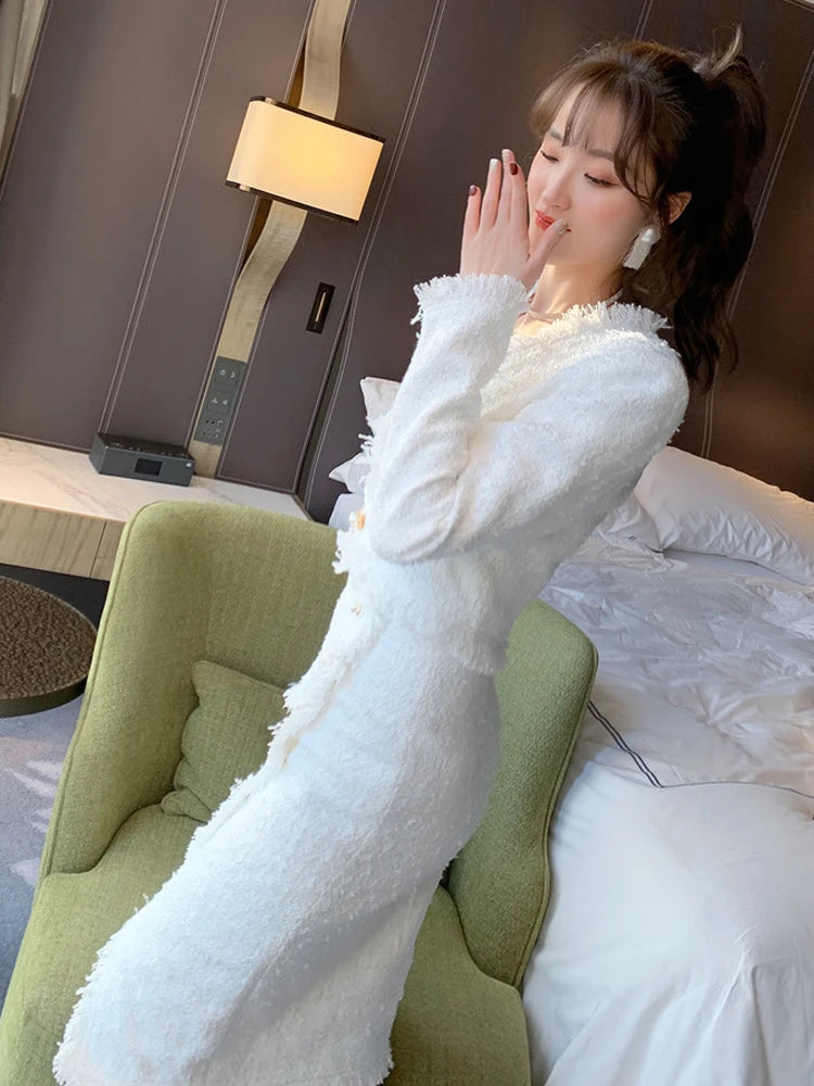 Autumn Winter Women 2 Piece Skirts Set 2023 Elegant White Tweed Pearl Buttons Short Jacket Midi Slit Skirt Office Street Suit