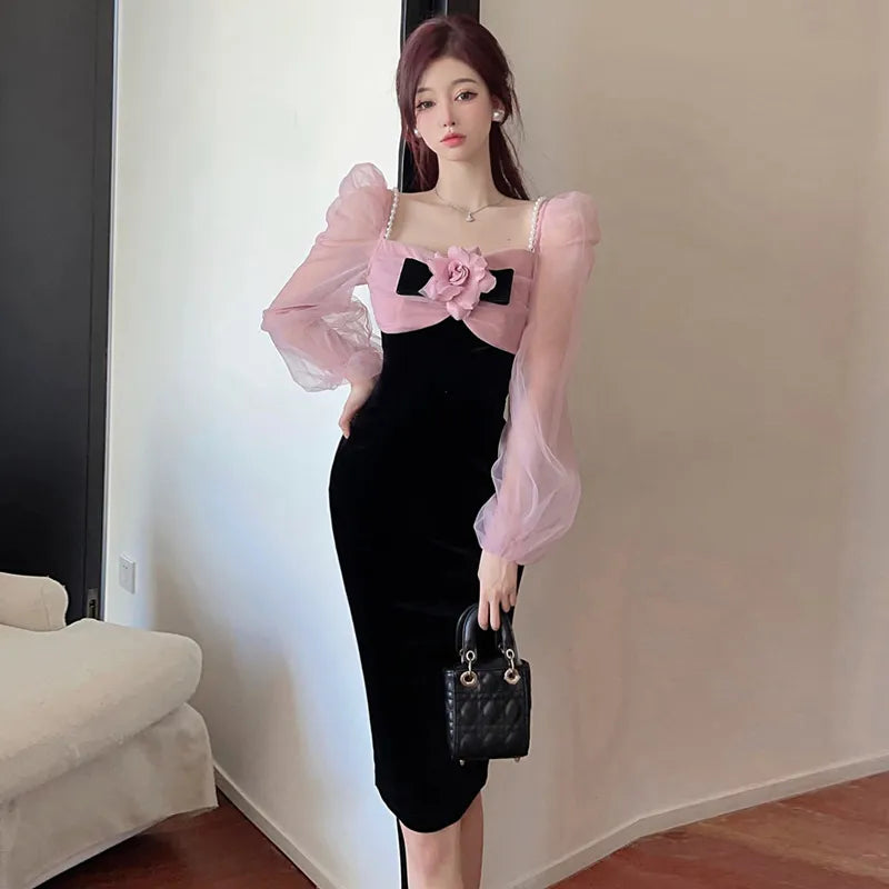 Fashion Women Princess Splicing Black Mini Dress Puff Sleeve High Waist Knot Party Dress Korean Vestidos