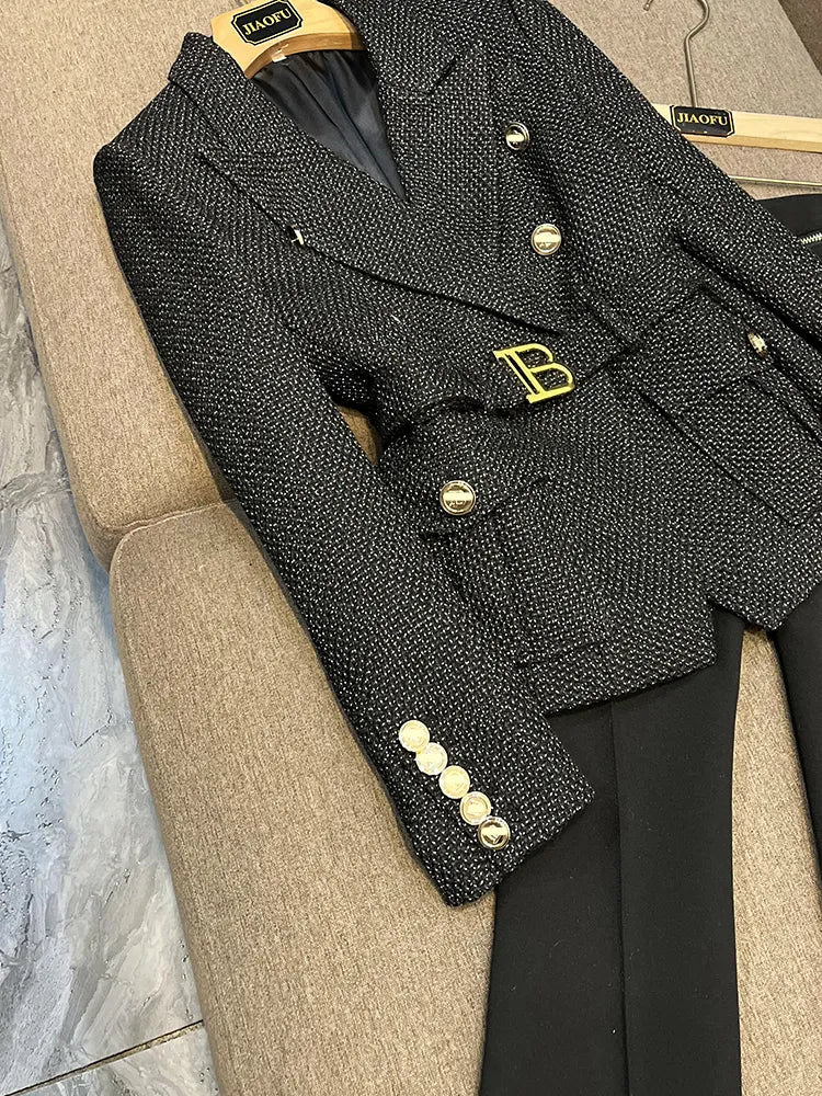 2023 Luxury Thicker Fabric Black Tweed Fabric Pocket Designing Vintage Women Slim Outerwear Blazer with Belt