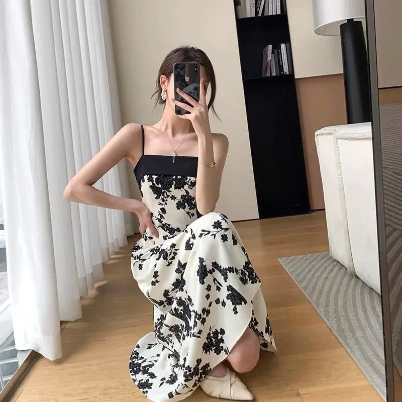 Summer Party Elegant Fashion Spaghetti Strap Dress For Women Slim High Waist Floral Print Prom Party Midi Dresses Robe Vestidos