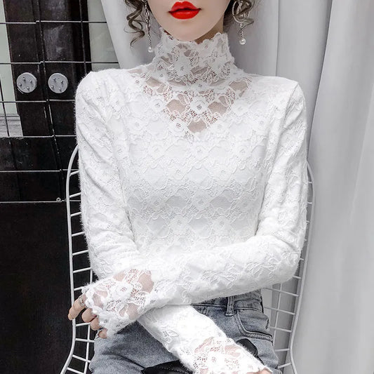 Lace Blouse Women's High-neck Inner Bottoming Shirt Autumn Winter Warm Thick Velvet Hollow Out Long-sleeved Top