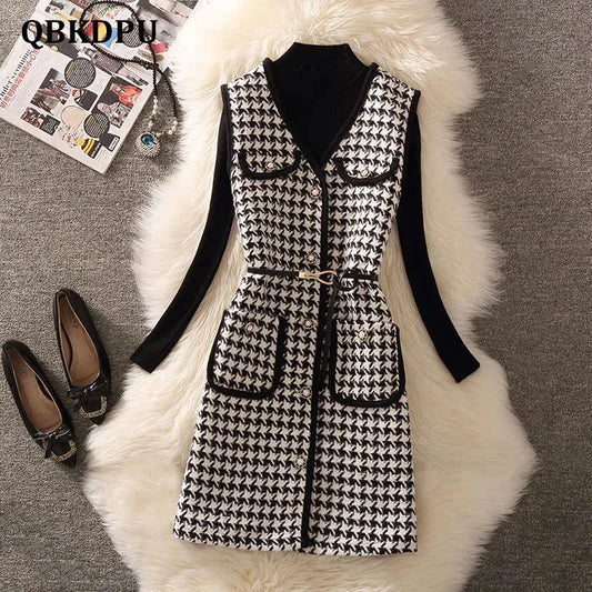 Casual Houndstooth V Neck Tweed Vest Jacket Women Suit Vintage Woolen Blends Waistcoat And Bottoming Knitted Sweater 2 Piece Set