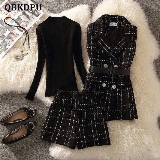 Elegant Luxury Plaid Tweed 3 Piece Sets Women Korean Shorts Suit Vintage Mid-Length Vest Jacket With Belt + Pants + Knit Sweater