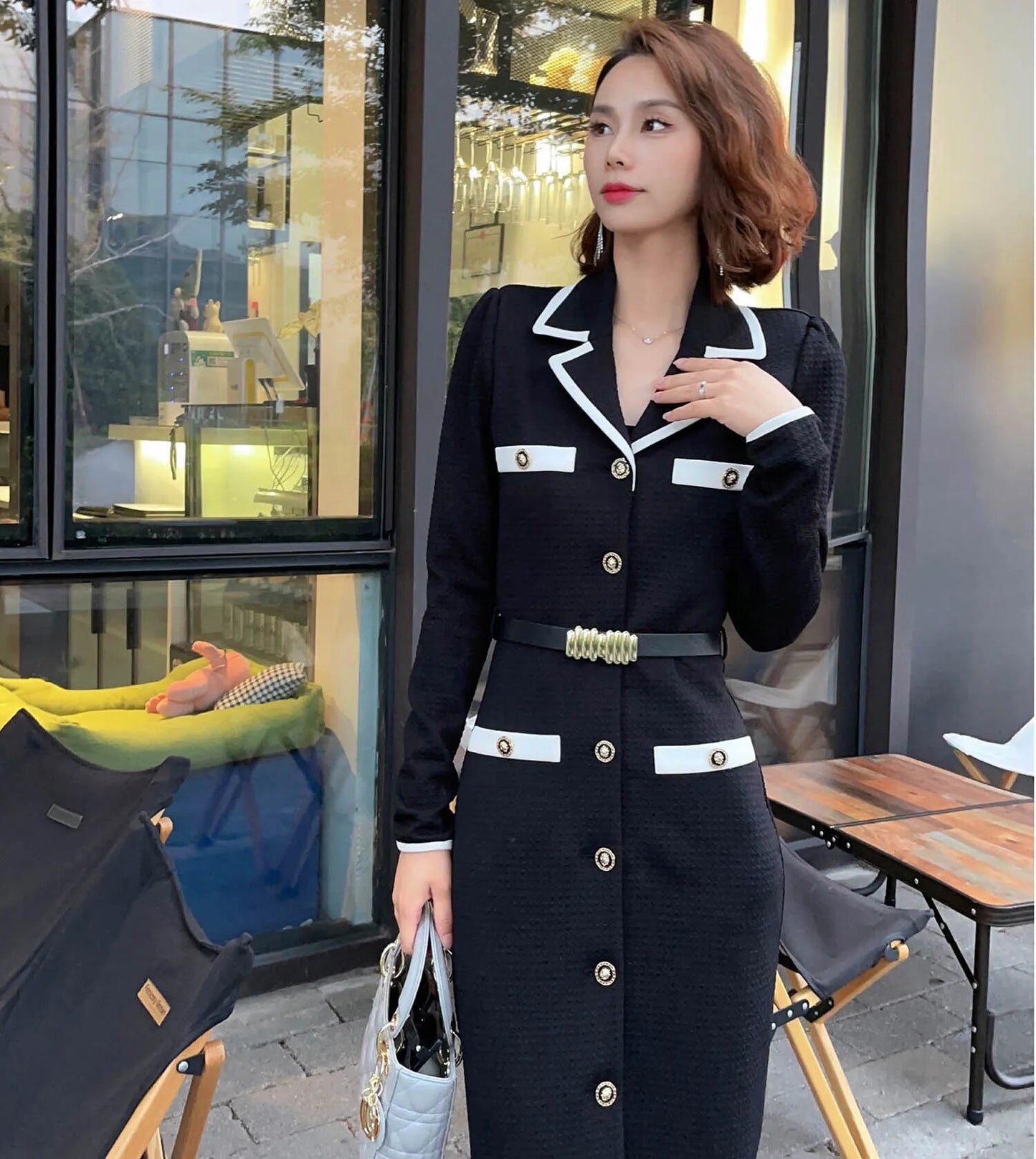 Tingfly Runway Fashion Women Black High Quality Straight Knee Length Dress Office Lady Notched Collar Work Vestidos Traf Elbise