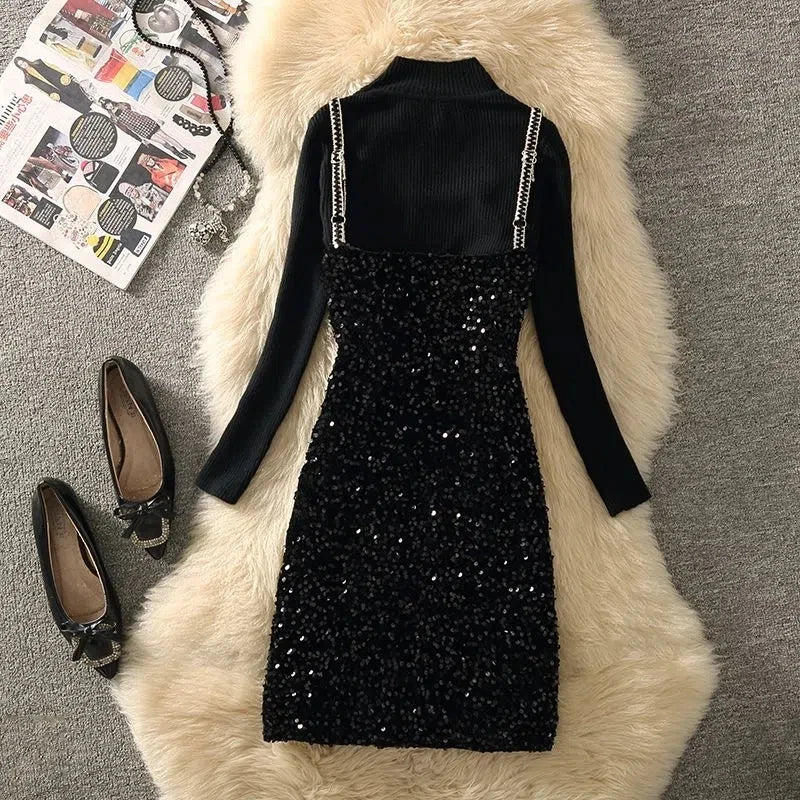 Sexy Sequined Black Spaghetti Strap Dress Suit Korean Slim Backless Mini Slip Dresses And Knit Sweater 2 Piece Set Women Outfits