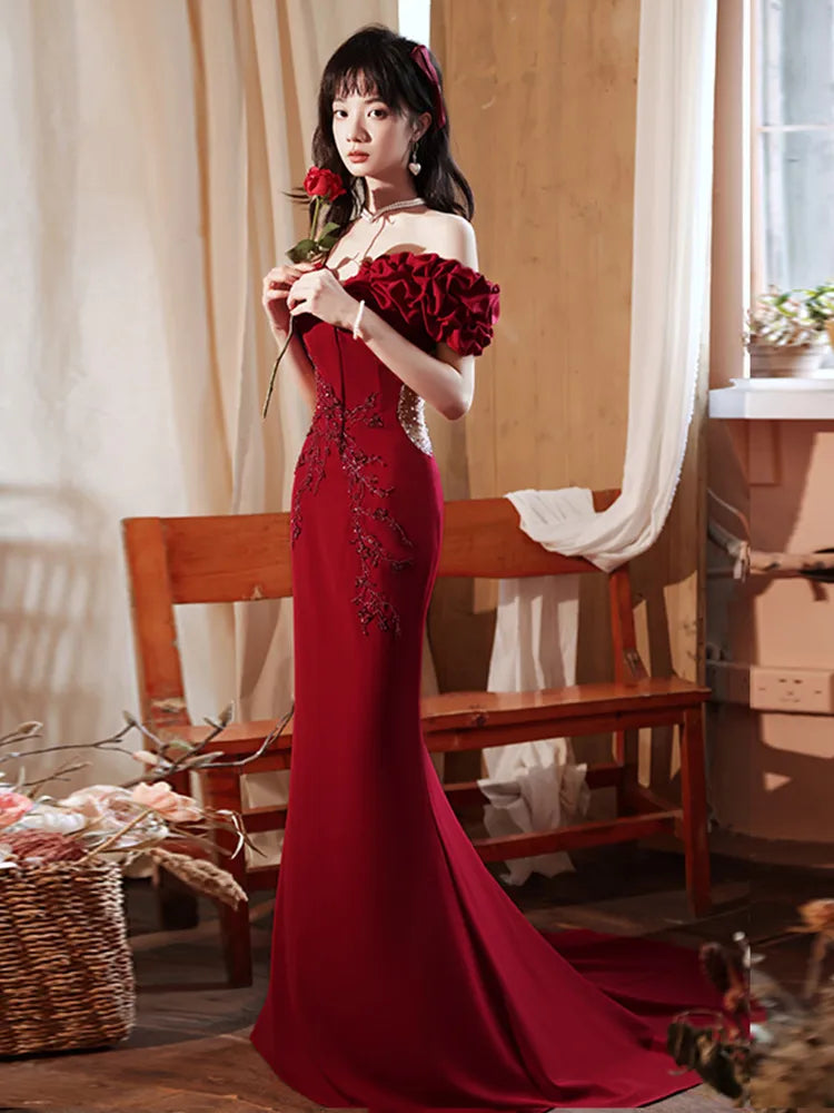 Light Luxury Wine Red Evening Dresses New Women's Off The Shoulder Beading Trailing Fishtail Dress Female Mermaid Gowns