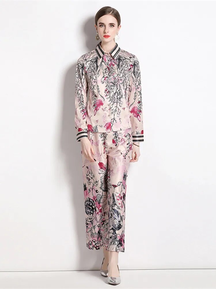 Autumn Vintage Flower Print Two Piece Set Women's Ink Painting Long Sleeve Shirt Top + Elastic Waist Ankle Straight Pants Suits