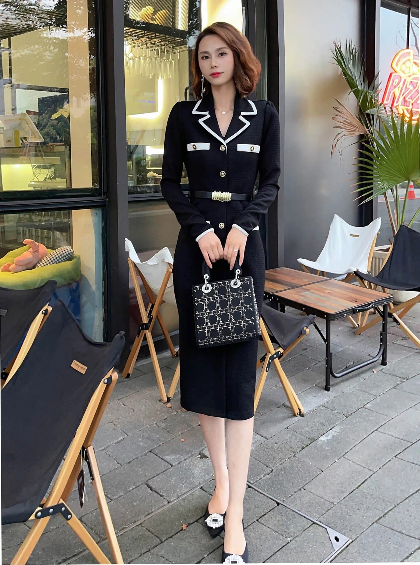 Tingfly Runway Fashion Women Black High Quality Straight Knee Length Dress Office Lady Notched Collar Work Vestidos Traf Elbise