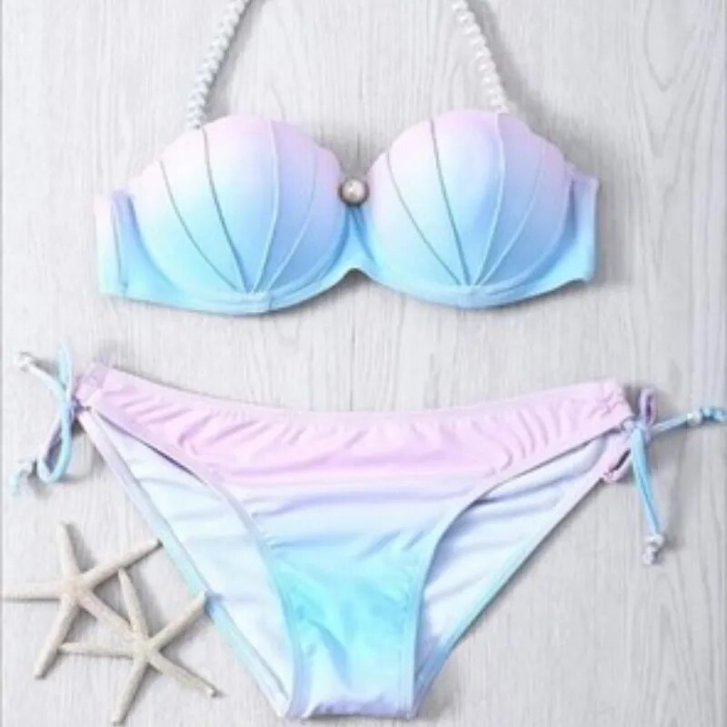 Sexy Women's Pearl Sling Bikini Suit Gradient Mermaid Shell Pearl Bra Swimsuit with Cushion Push Up Swimsuit Sea Speed Dry