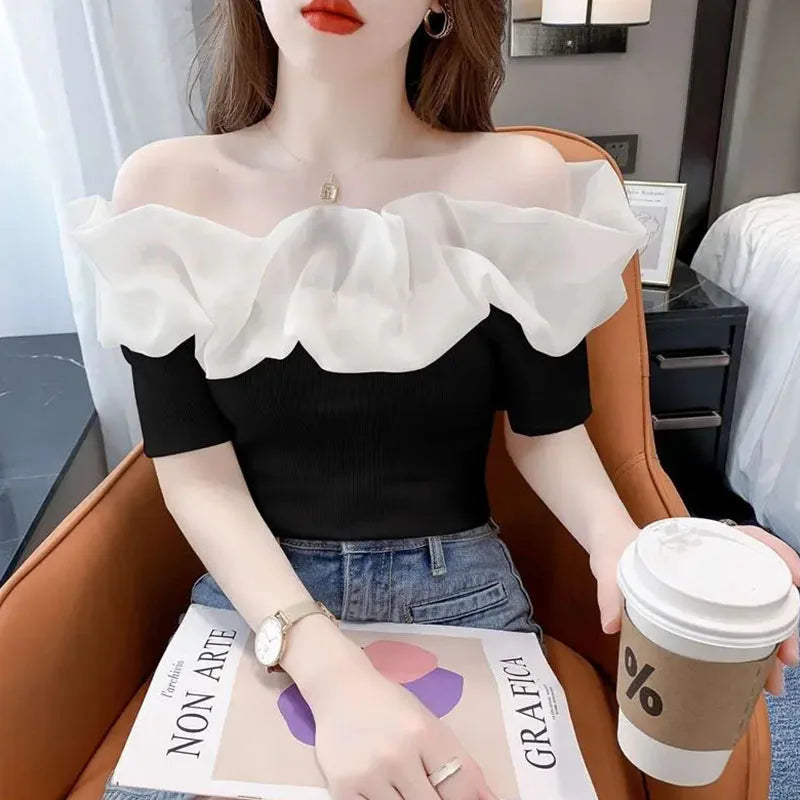 2023 New Summer Off Shoulder Short Sleeve T Shirt Women Sexy Mesh Patchwork Ruffles White Tops Woman Korean Slim Chic T-Shirt