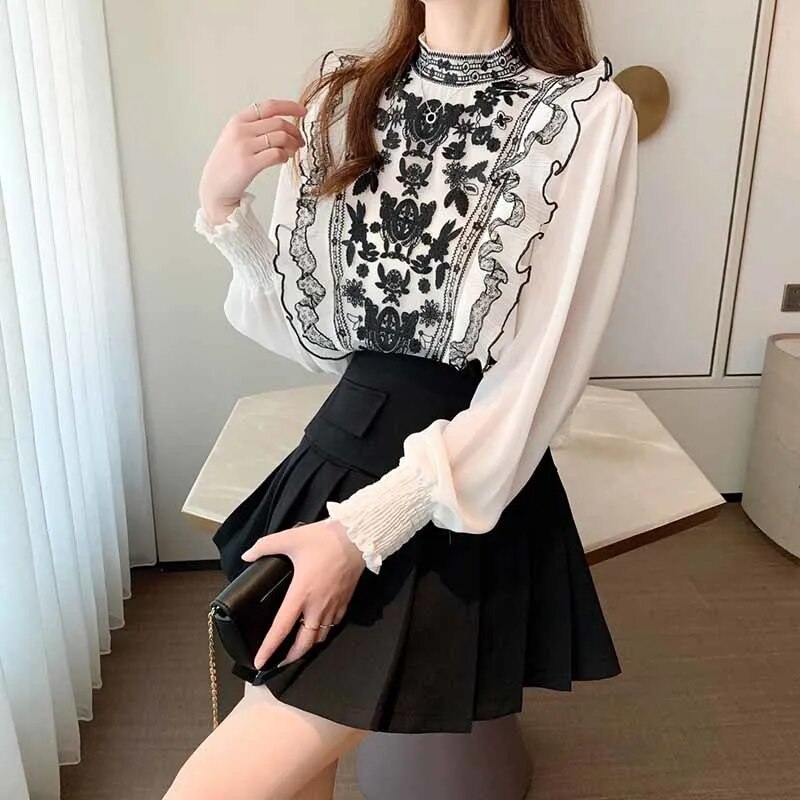 Luxury Designer Floral Embroidery Women Party Blouse O-Neck Flare Sleeve Top Sheer Mesh Ruffles Polka Dots Blouses