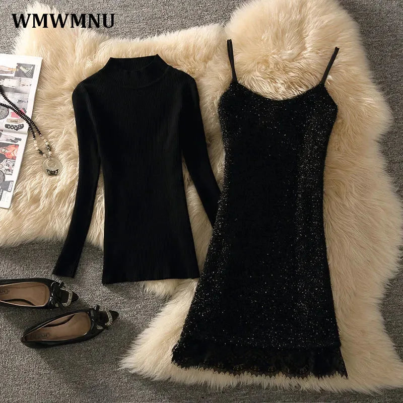 Sexy Black Plush Spaghetti Strap Mini Dress Suit Vintage Lace Backless Slip Dresses And Knit Sweater 2 Piece Set Women Outfits