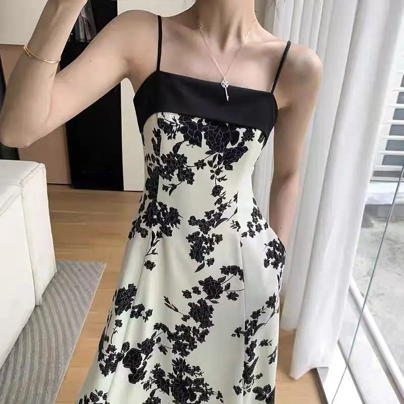 Summer Party Elegant Fashion Spaghetti Strap Dress For Women Slim High Waist Floral Print Prom Party Midi Dresses Robe Vestidos