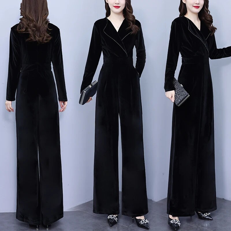 Women Velour Jumpsuit Black Overalls Long Sleeve Elegant Jumpsuits Streetwear 2023 Vintage New Female High Quality Rompers