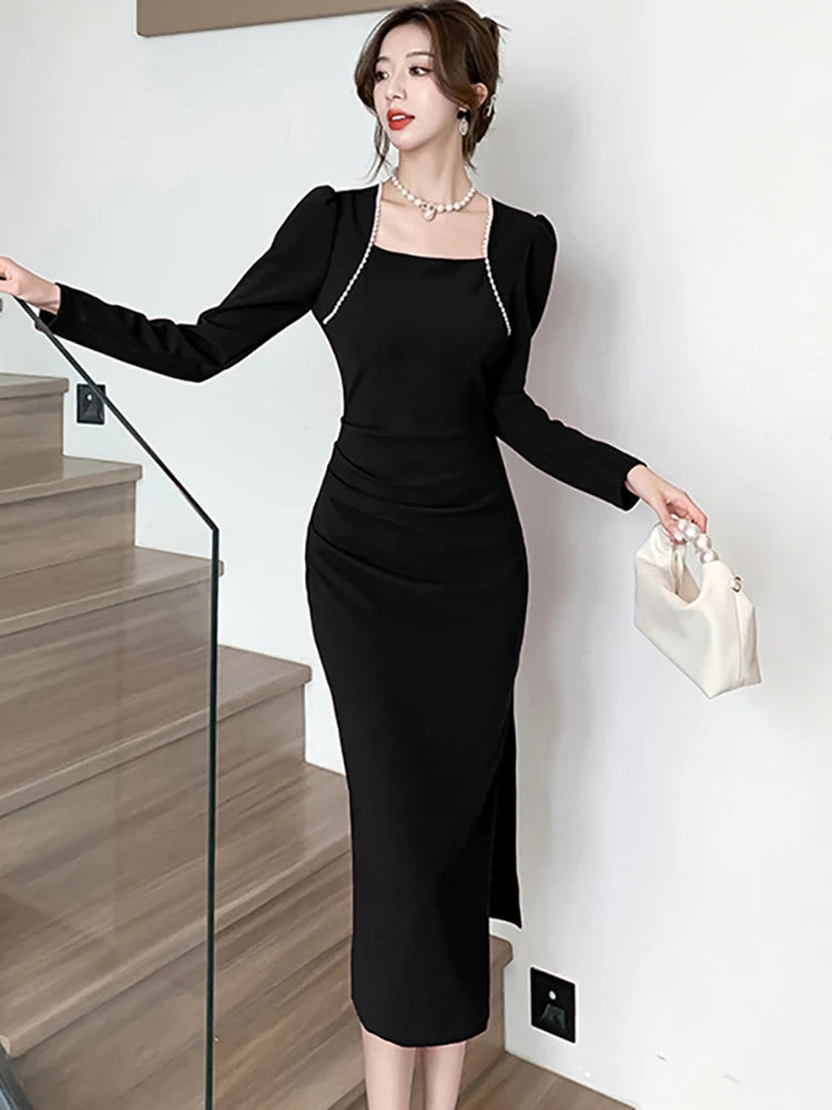 Women Korean Vintage Luxury Evening Dress Autumn Winter Black Chic Beading Square Collar Dress 2023 Elegant Casual Party Dresses