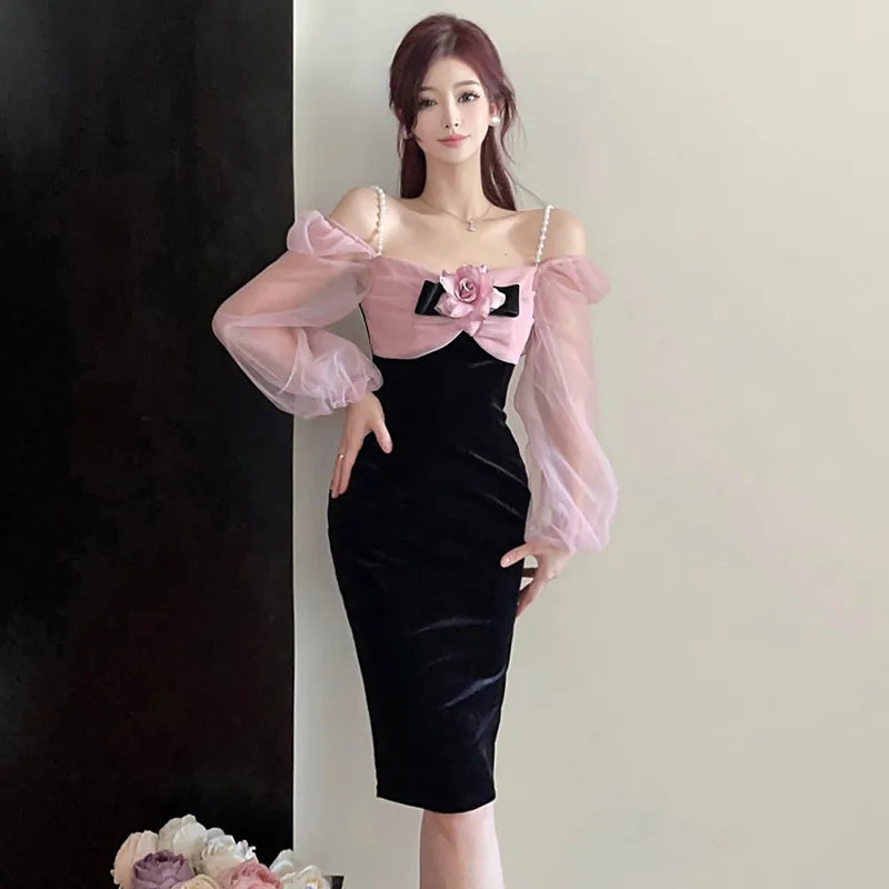 Fashion Women Princess Splicing Black Mini Dress Puff Sleeve High Waist Knot Party Dress Korean Vestidos