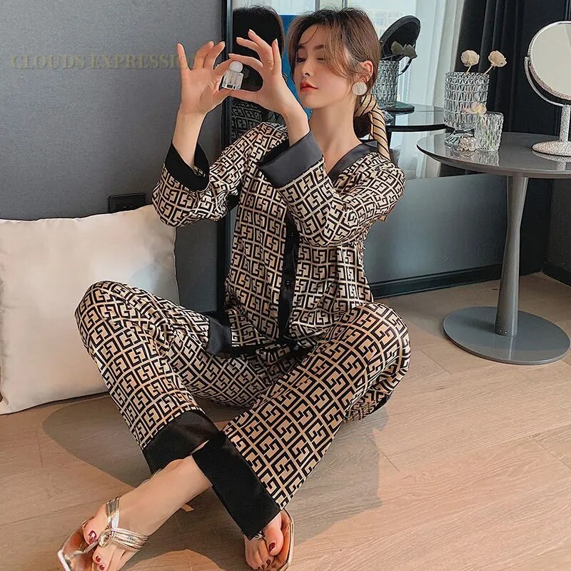 Spring Summer Ladies Faux Silk Polyester Pajama Sets Sexy Homewear Women's Casual Luxury Pajamas Thin Pajamas Female Sleepwear