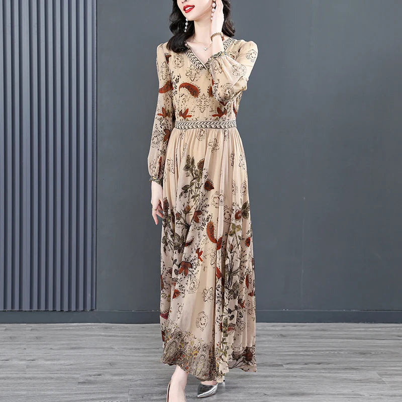 2022 Boho Floral Silk Long Sleeve V-Neck Maxi Dress Women Korean Fashion Luxury Chic Dress Autumn Elegant Bodycon Party Vestidos