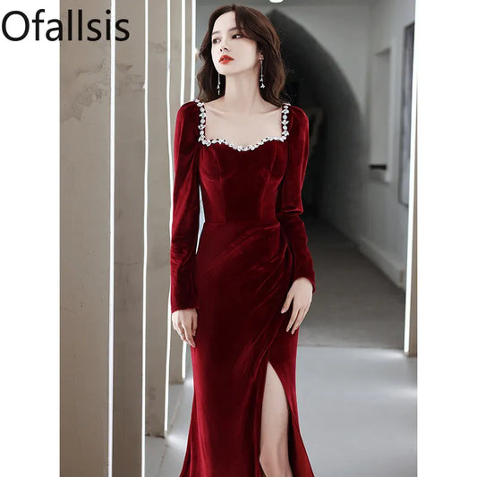 Ofallsis Wedding Gowns Bride Wine Red Diamonds Party Dress 2023 Autumn Winter New Elegant Velvet Engagement Long Evening Dresses