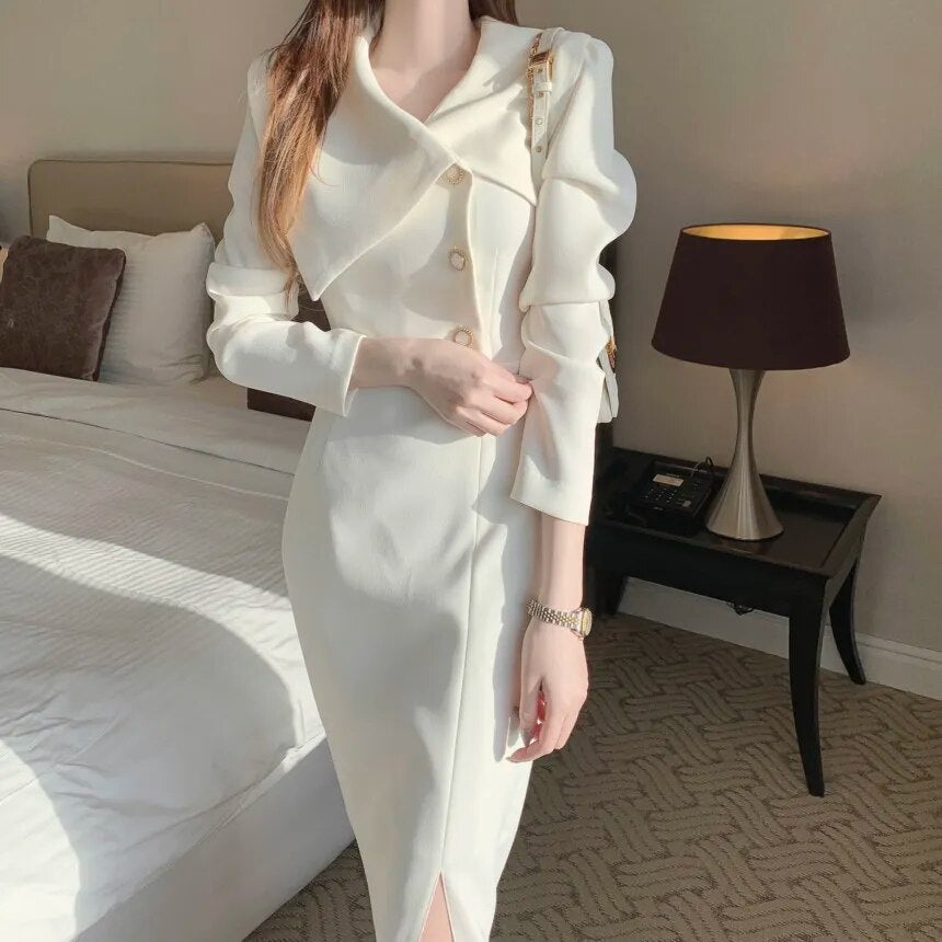 Vestidos De Mujer Elegantes Spring Elegant Simple Lapel Neck Side Buckle Waist Wrapped Long Sleeve Chiffon Dress Women