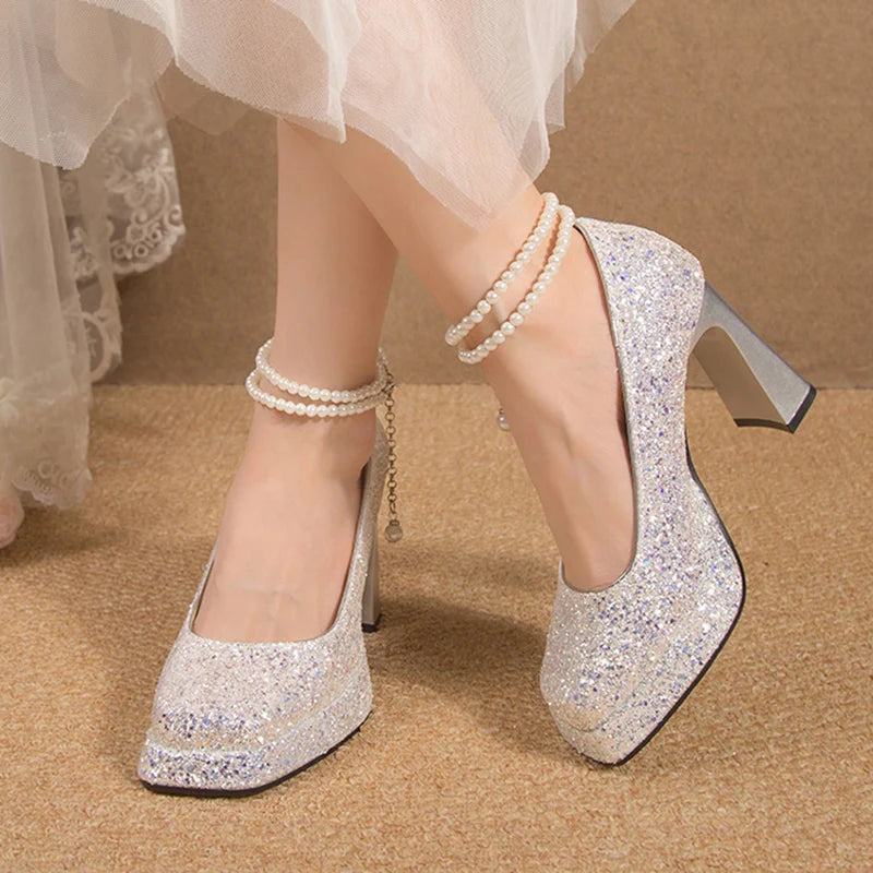 Lucyever 2023 Luxury Glitter Sequins Pumps Women Pearls Strap Bling Wedding Party Shoes Woman Square Toe High Heels Shoes Ladies