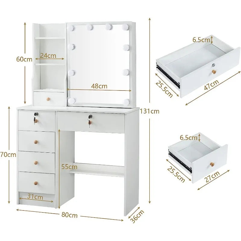 Vanity Set Dressing Table with Lighted Makeup Mirrors, Makeup Vanity Charging Station and Stool, Dressers for Bedroom Furniture