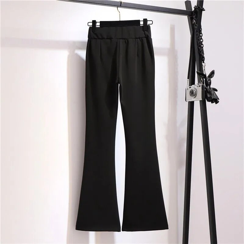 Office Lady Beading Spliced Elastic Solid Color Flare Pants Spring Autumn New Korean Slim Suit Cropped Pants Women's Clothing