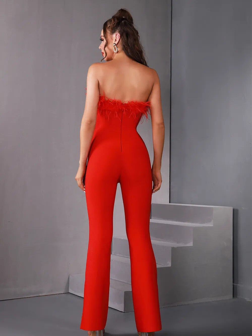 Luxury Women Summer Sexy Strapless Feather Black Red Bodycon Bandage Jumpsuit 2023 Celebrity Designer High Street Rompers