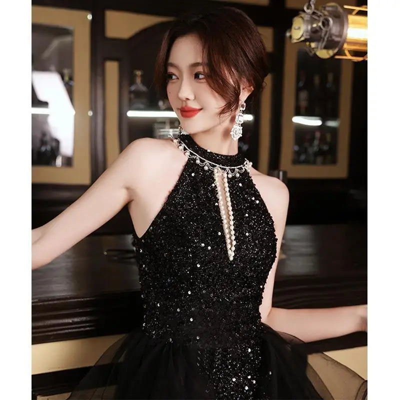 Ofallsis Black Halter Neck Beaded Mesh Stitching Evening Dress 2023 Elegant Fairy Wedding Banquet Sequins Light Luxury Dresses