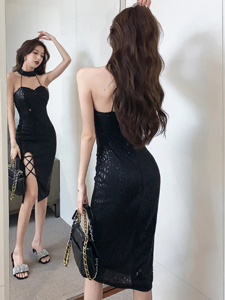 Ezgaga Sexy Dress Woman Halter Sleeveless Off Shoulder Hollow Out Sequins Bandage Split Party Dresses Elegant Ladies Clubwear