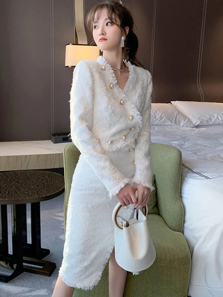 Autumn Winter Women 2 Piece Skirts Set 2023 Elegant White Tweed Pearl Buttons Short Jacket Midi Slit Skirt Office Street Suit