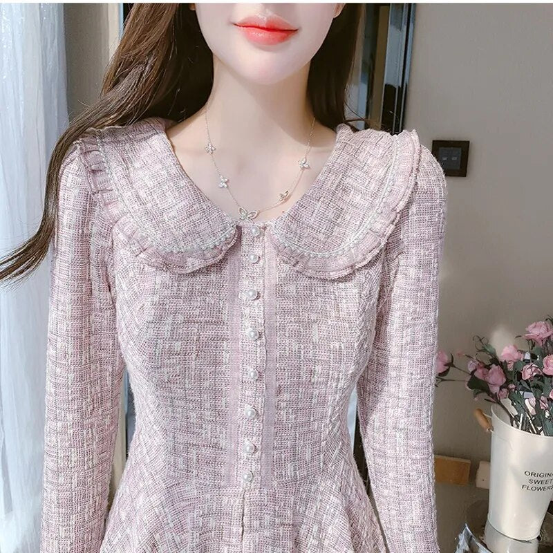 Runway Fall Korean Sweet Tweed Pearl Button Patchwork Women Dresses Female Elegant Ladies Ruffle Chic Dress Vestido Mujer