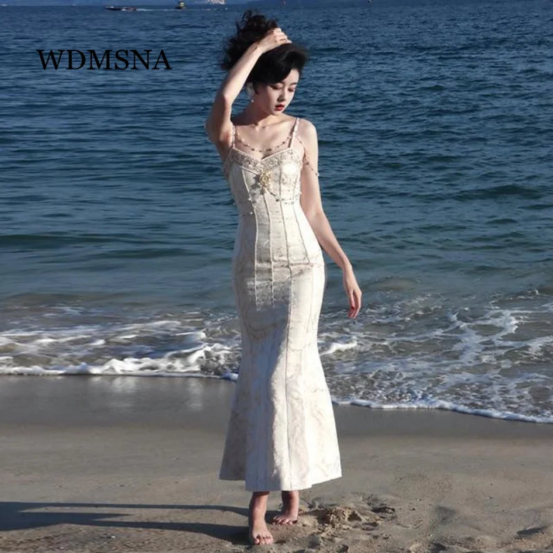 WDMSNA French Retro Palace Slim Suspender Dress for Women Summer Backless Evening Dresses Elegant Temperament Sleeveless Robe