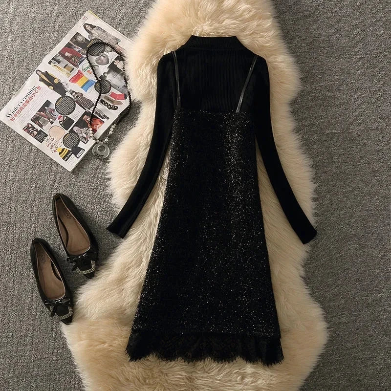 Sexy Black Plush Spaghetti Strap Mini Dress Suit Vintage Lace Backless Slip Dresses And Knit Sweater 2 Piece Set Women Outfits