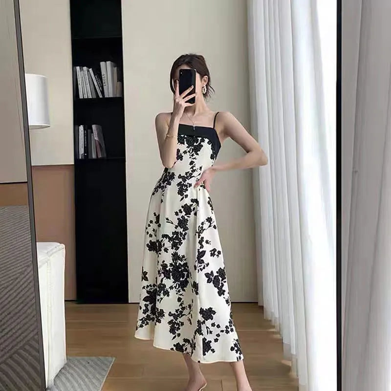 Summer Party Elegant Fashion Spaghetti Strap Dress For Women Slim High Waist Floral Print Prom Party Midi Dresses Robe Vestidos