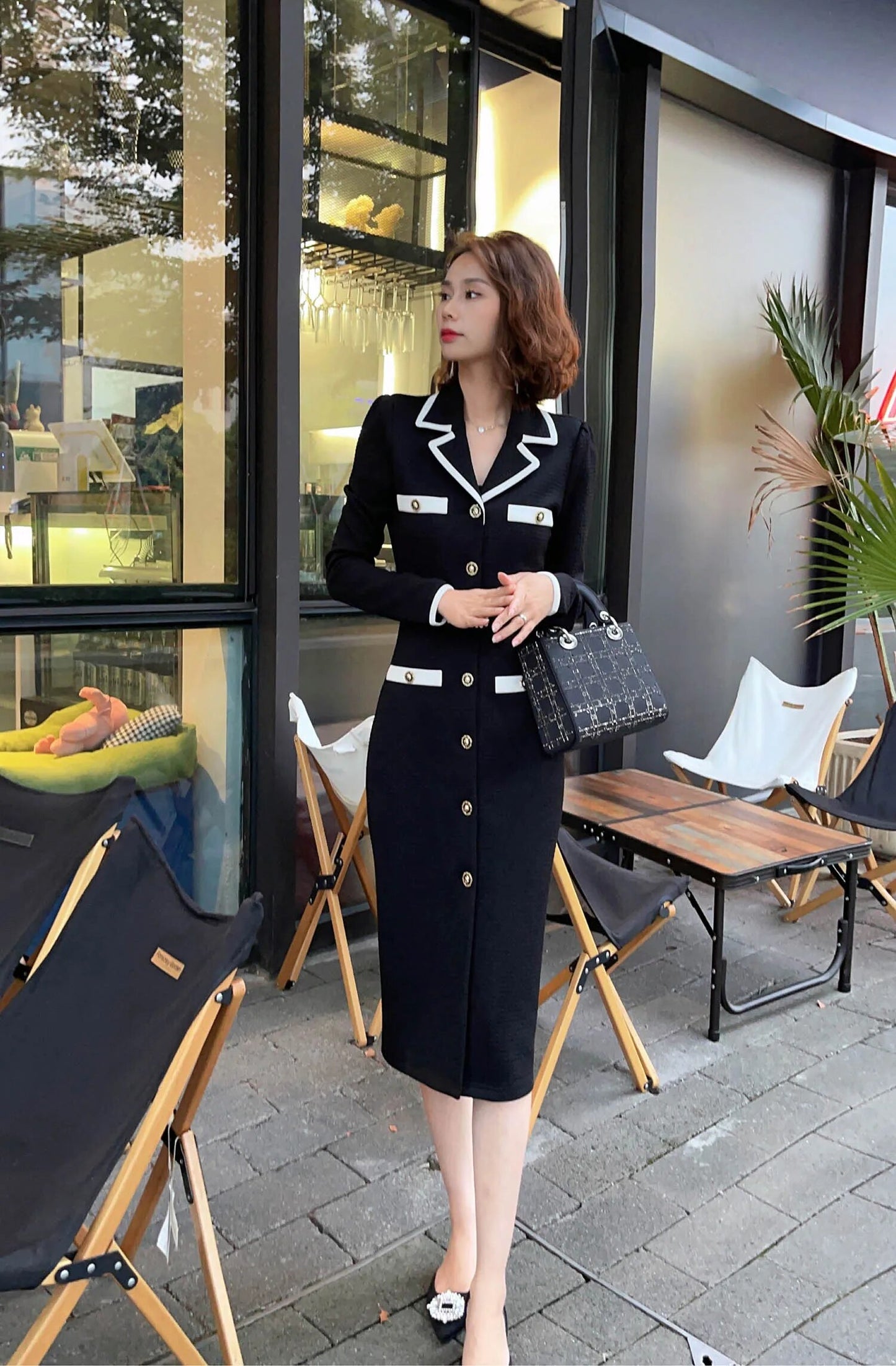 Tingfly Runway Fashion Women Black High Quality Straight Knee Length Dress Office Lady Notched Collar Work Vestidos Traf Elbise