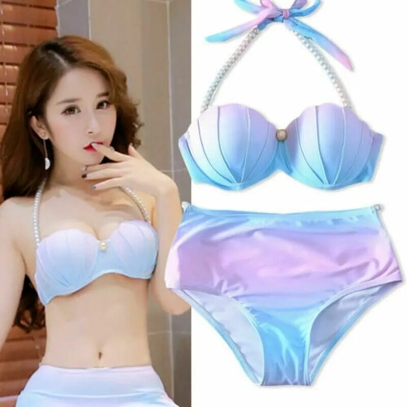 Sexy Women's Pearl Sling Bikini Suit Gradient Mermaid Shell Pearl Bra Swimsuit with Cushion Push Up Swimsuit Sea Speed Dry