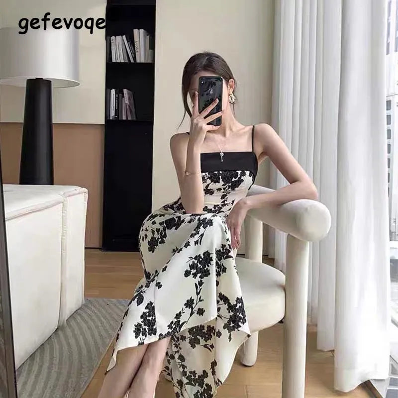 Summer Party Elegant Fashion Spaghetti Strap Dress For Women Slim High Waist Floral Print Prom Party Midi Dresses Robe Vestidos