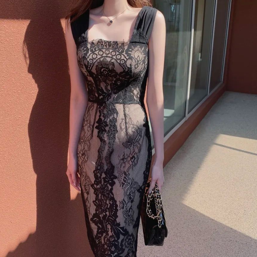 Black Chic Lace Dress Women 2023 Summer Elegant Evening Dresses Ladies Sleeveless Luxury Design Party Clothing Female