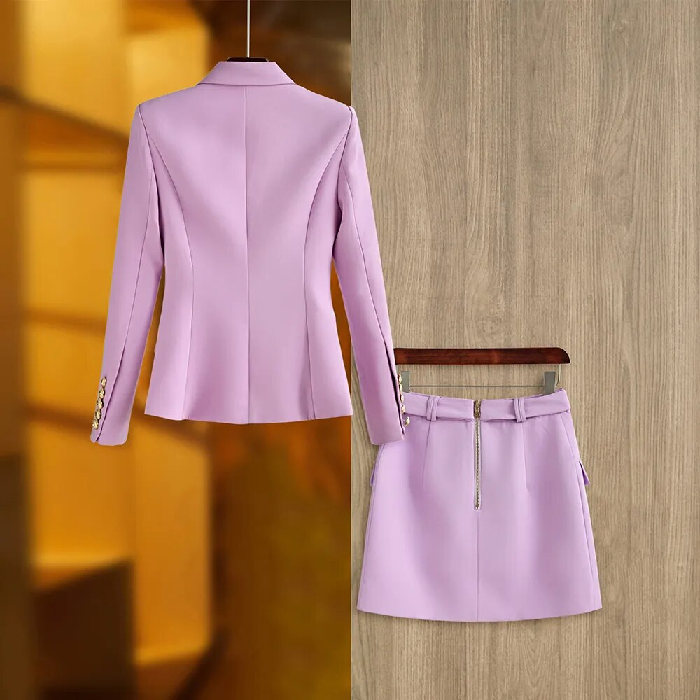 New Spring Autumn Fashion Women Twin Sets Fresh Lilac 2PCS Blazer Suits Elegant Slim Short Length with Belt