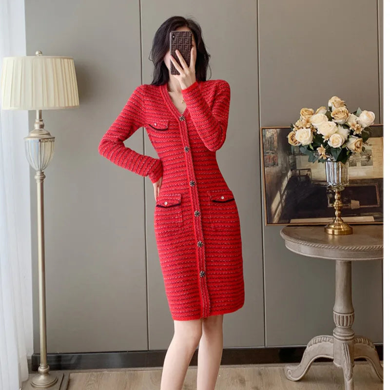 #0990 Red Short Pencil Dress V-neck Knit Sweater Dress Women Long Sleeve Office Dress Woman Slim Buttons Pockets Sexy Knitwear