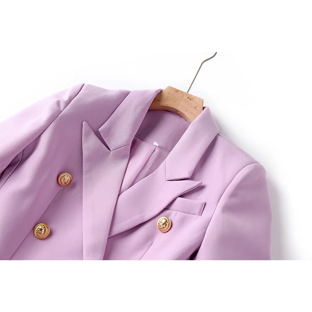 New Spring Autumn Fashion Women Twin Sets Fresh Lilac 2PCS Blazer Suits Elegant Slim Short Length with Belt