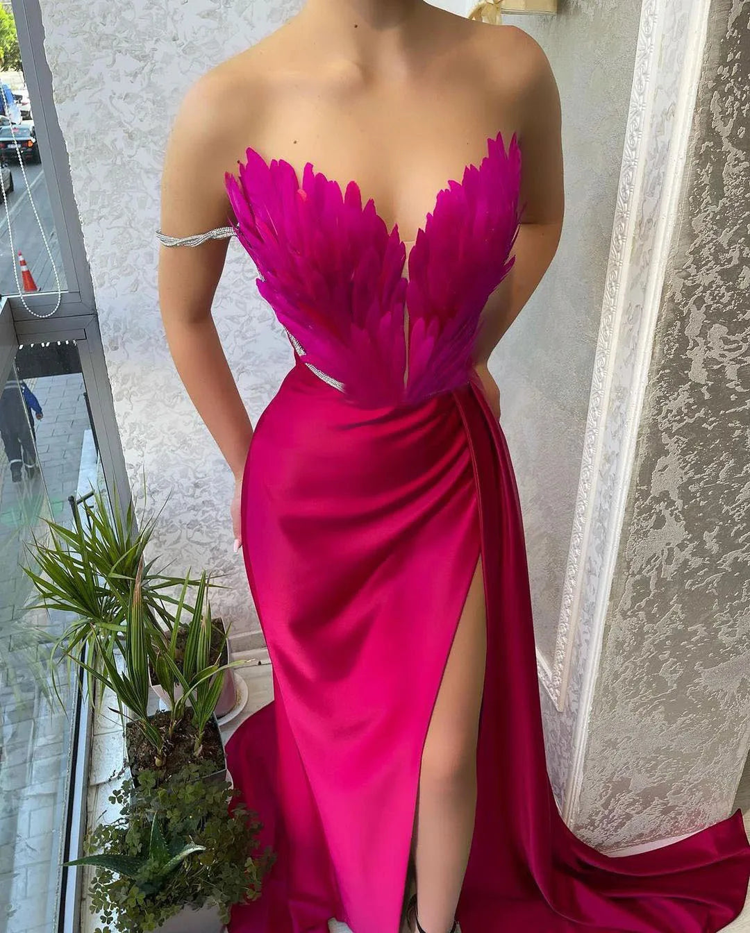 Blue Fur Collar Long Party Dress Women Luxury Elegant Sleeveless Slit Feather Maxi Evening Dresses for 2023 Lady New Clothes