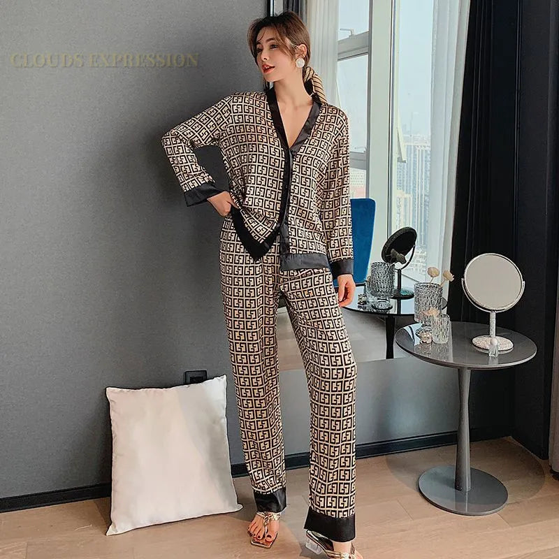 Spring Summer Ladies Faux Silk Polyester Pajama Sets Sexy Homewear Women's Casual Luxury Pajamas Thin Pajamas Female Sleepwear