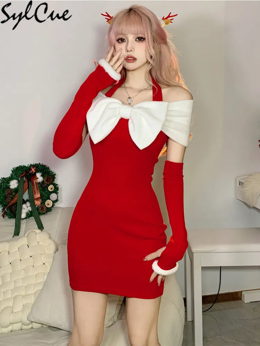 Sylcue Christmas Festive Red Bright Bow Mature Sexy Glamour Slim Hot Feminine Pure Desire Women Halter Dress Girl