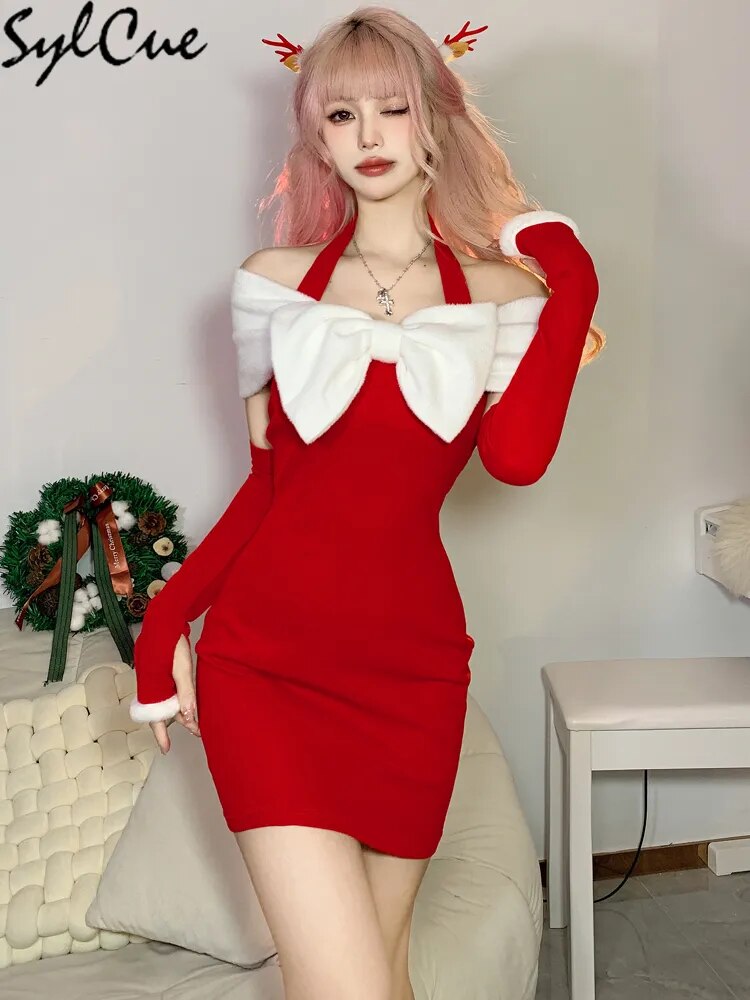 Sylcue Christmas Festive Red Bright Bow Mature Sexy Glamour Slim Hot Feminine Pure Desire Women Halter Dress Girl