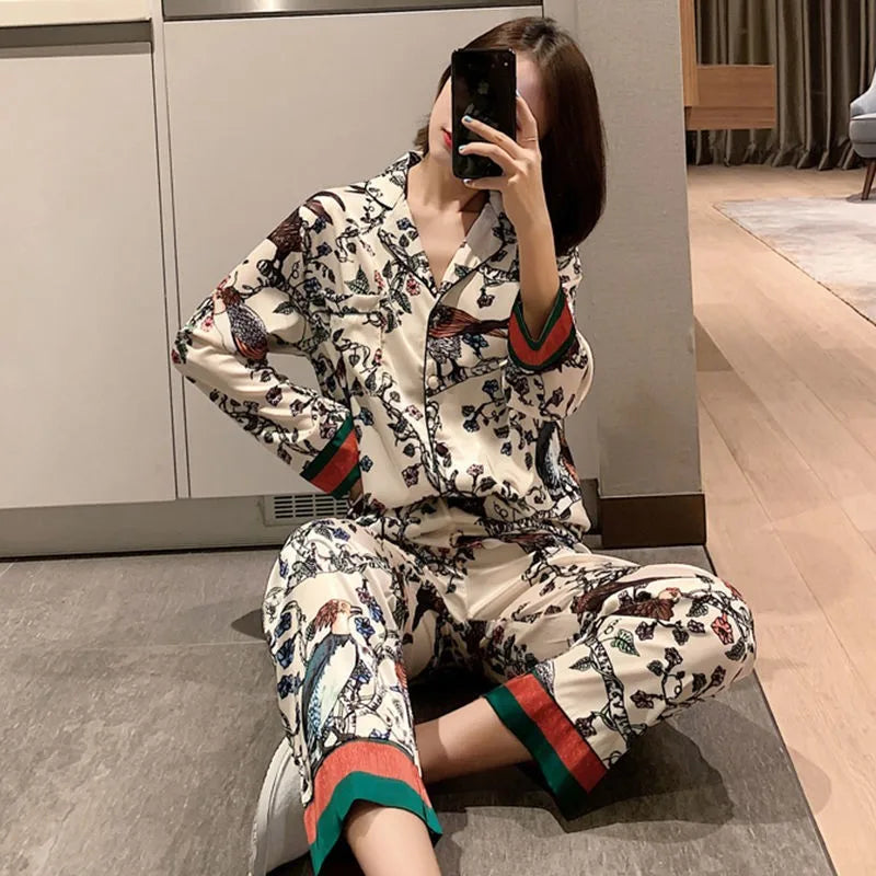 M-5XL Plus Size Women's Spring Summer Long Sleeve Long Pants Pajamas Set Lady Ice Silk Homewear Clothing Sleepwear Nigh Suits